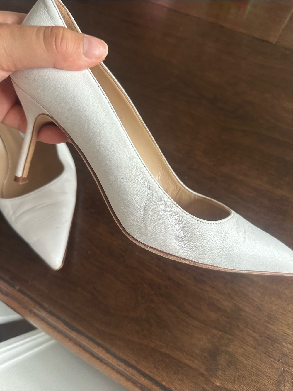 Manolo Blahnik White Leather Pointed Toe Pumps - Picture 8 of 8